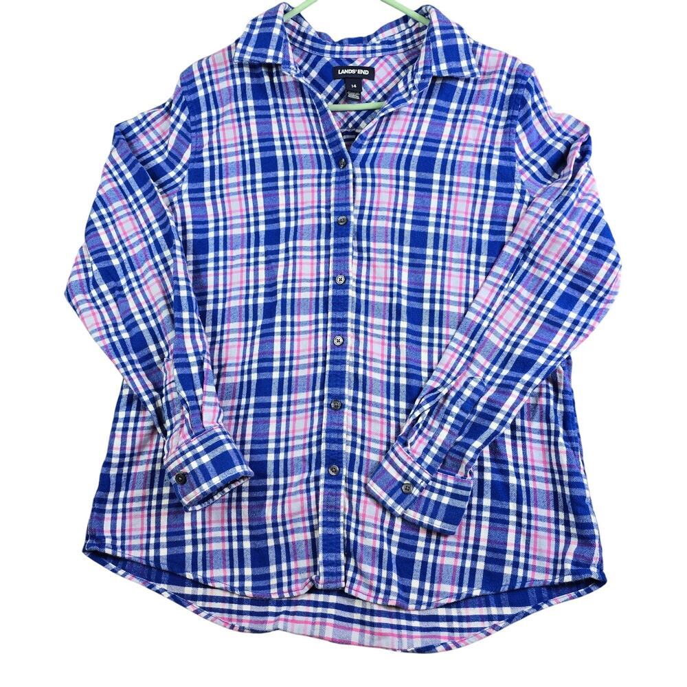 Lands End Flannel Button Shirt Blouse Women's 14 Blue Pink Cottage Farm Ranch - Picture 1 of 9